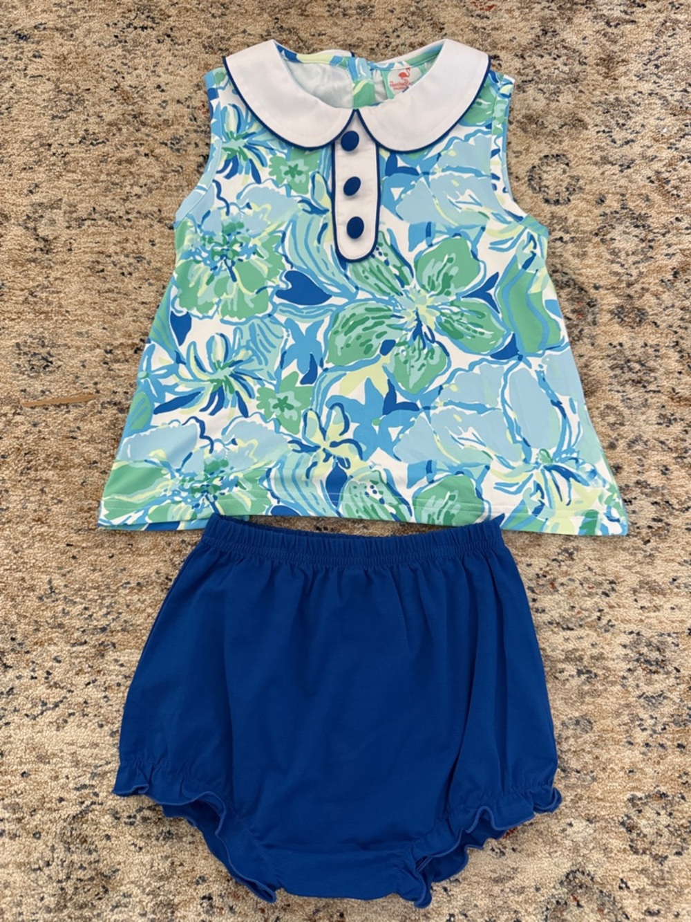 NWT The Smocked Flamingo Floral Sleeveless Top & Royal Blue Bloomer Set- Size 3T
